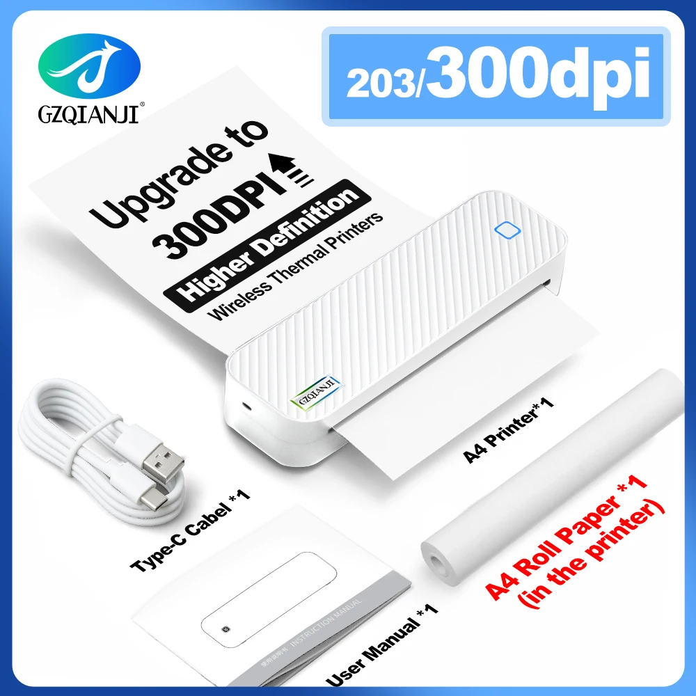 Impresora fotográfica térmica A4 de 300dpi, máquina inalámbrica portátil con Bluetooth para patrones de impresión, documentos en PDF, uso comercial doméstico