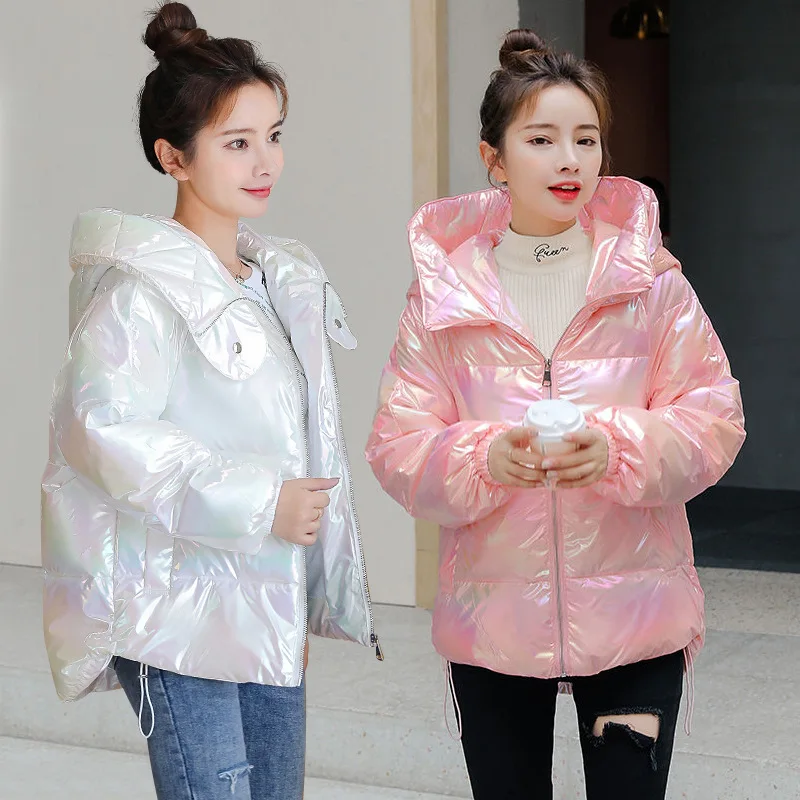 

2024 Women's Colorful Glossy Short Wadded Jacket Girl Loose Western Style All-Match Disposable Cotton-Padded Coat