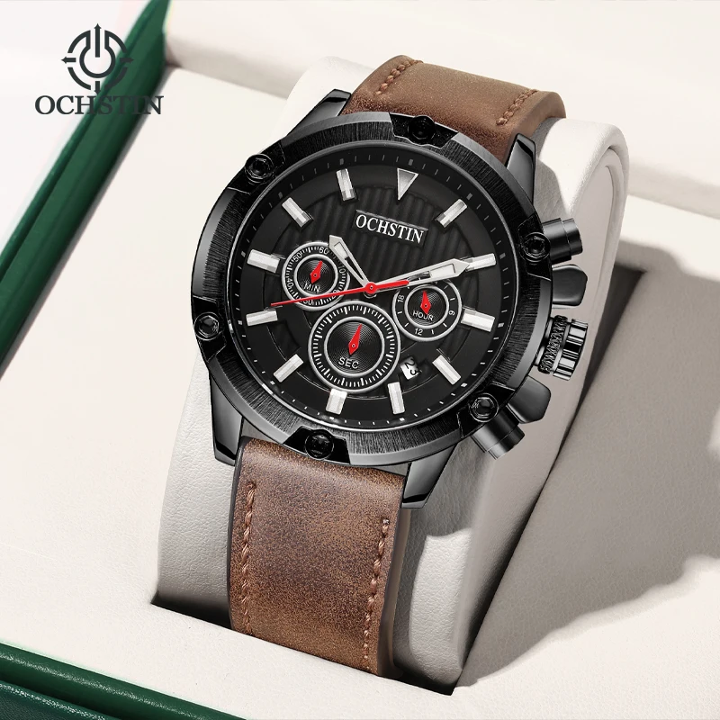 OCHSTIN Men's Vintage Heavy-Duty Navigator Timepiece Thick Case Frame Comfy Wide Leather Wristband Quartz Calendar Watches