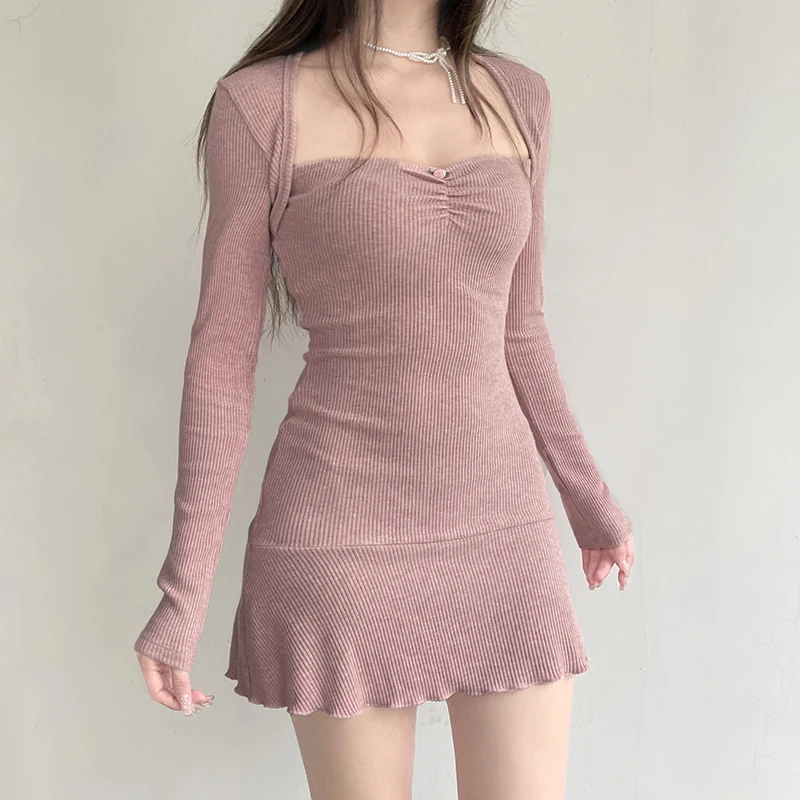 Darlingaga Korean Square Neck Pink Autumn Dress Women Sweet Fold Coquette Clothes Slim Basic Knit Mini Dress Elegant Stylish New