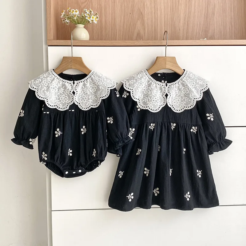 Girls' Dress Spring and Autumn Style Baby Romper Doll Collar Embroidered Baby Girl Dress Sister Outfit