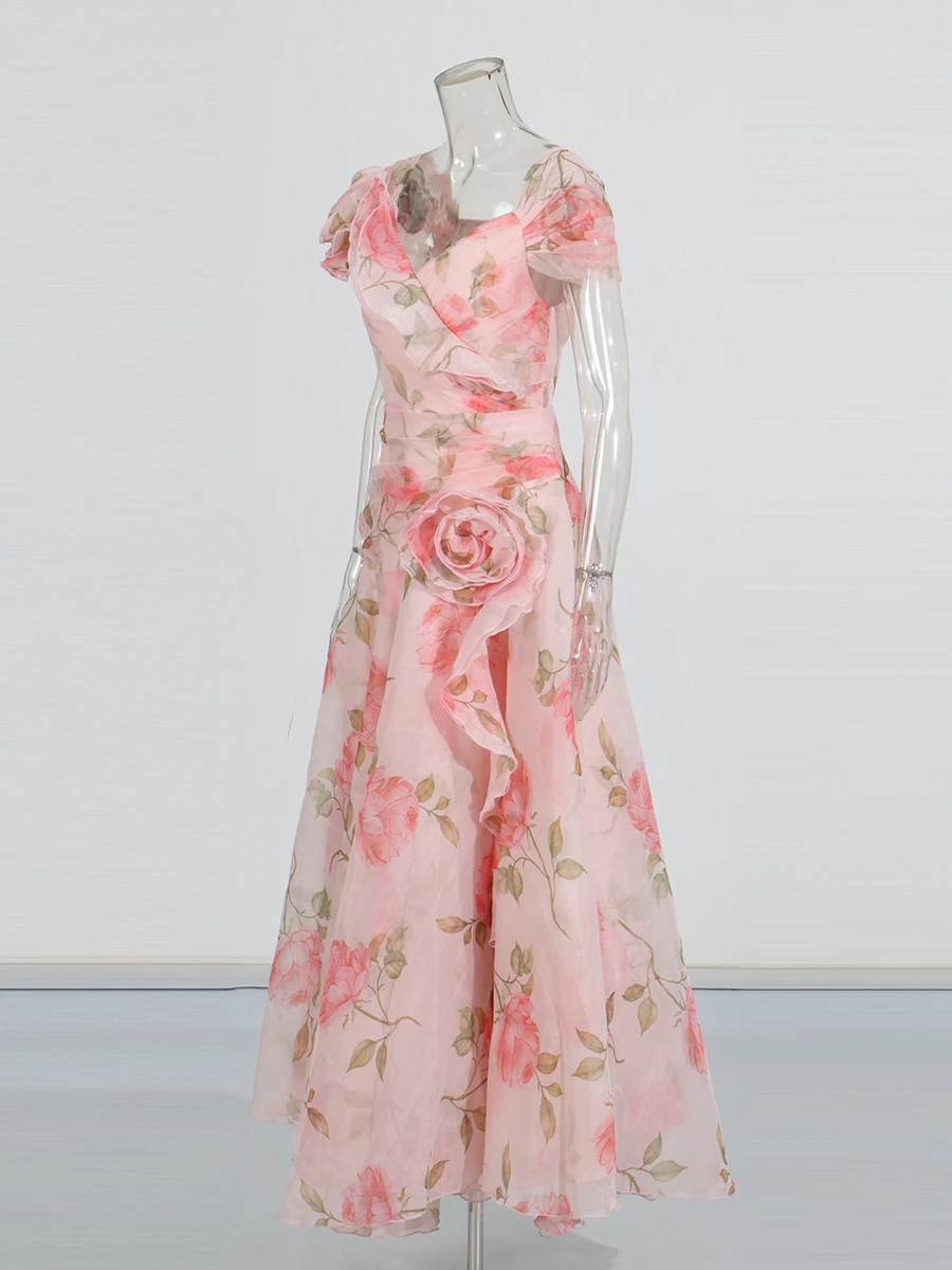 ROMISS Abiti da sera con stampa floreale dolce per donna Slash Neck Manica corta Vita alta Applicazioni impiombate Abito lungo Donna