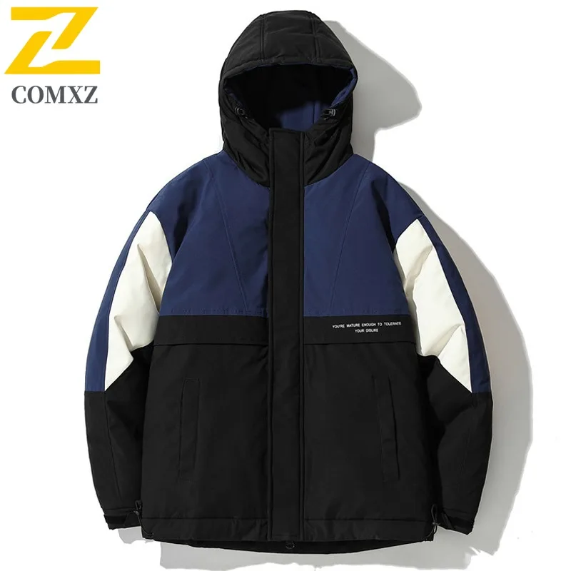 เสื้อโค้ทพัฟเฟอร์ผู้ชาย COMXZ รุ่นใหม่ แบบมีฮู้ด ตัดต่อผ้า สำหรับกิจกรรมกลางแจ้ง กันลม เหมาะสำหรับการเดินทาง ปีนเขา ป้องกันความหนาว