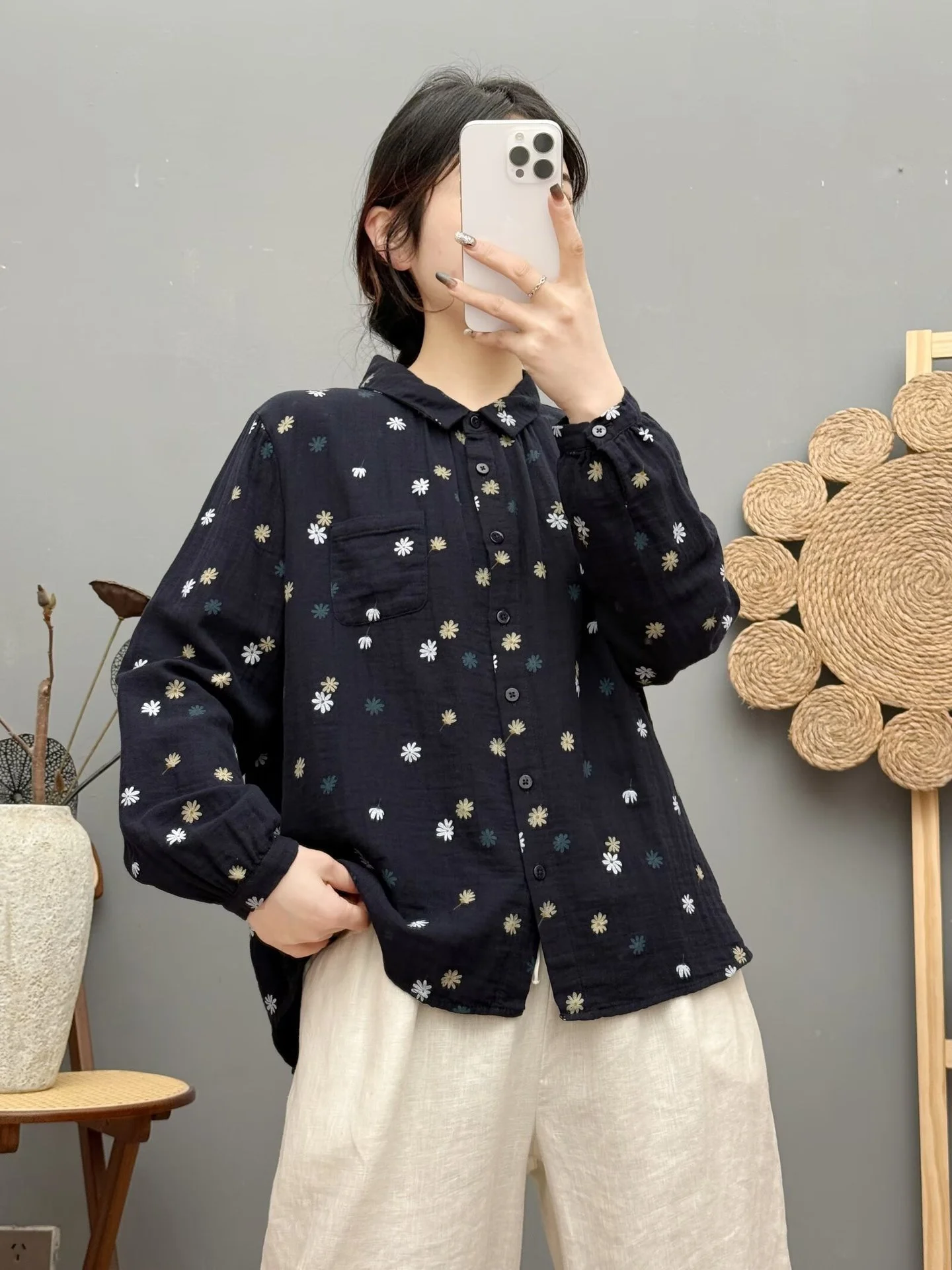 2026 모리 걸 스타일 빈티지 의류 일본 패션 러스틱 데이지 프린트 네이비 블루 옐로우 화이트 셔츠 100% 면사 블라우스