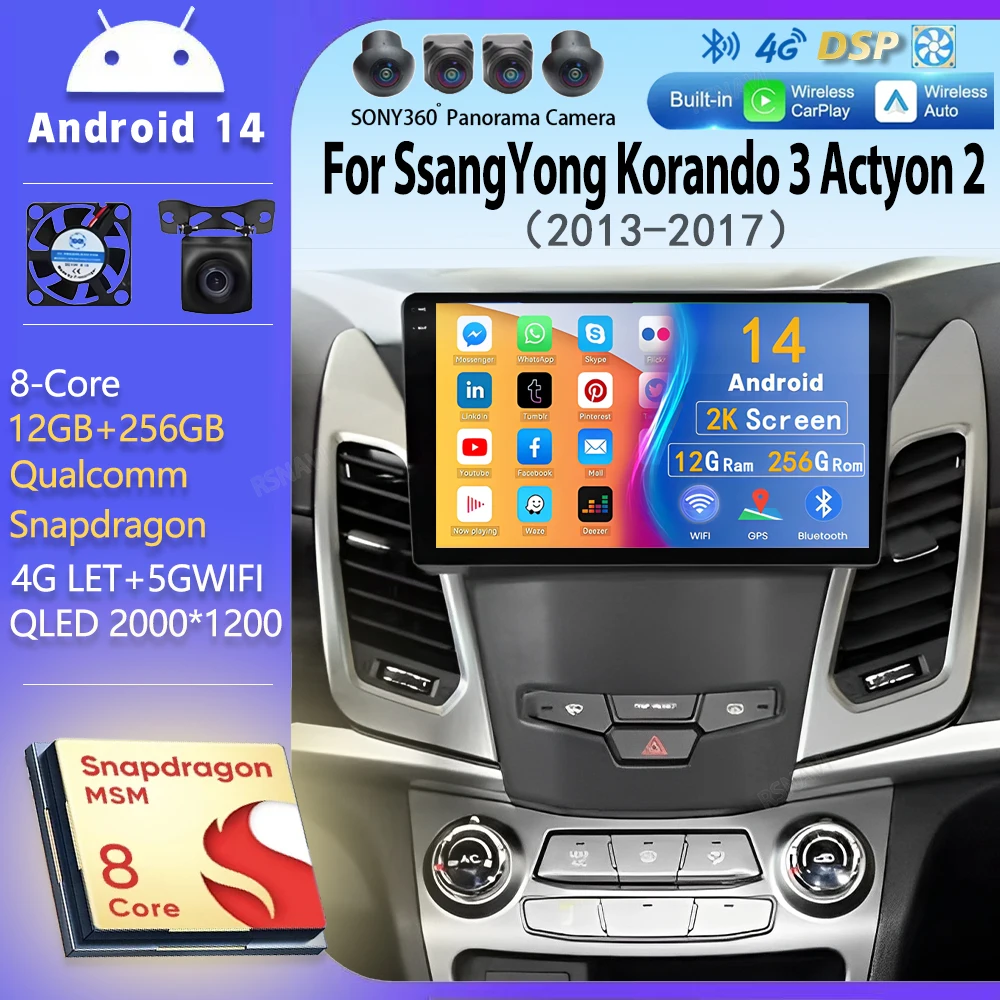 

Android 14 для SsangYong Korando 3 Actyon 2 2013-2017 2K QLED Android Автомобильный радиоприемник Мультимедийный видеоплеер GPS-навигация CarPlay