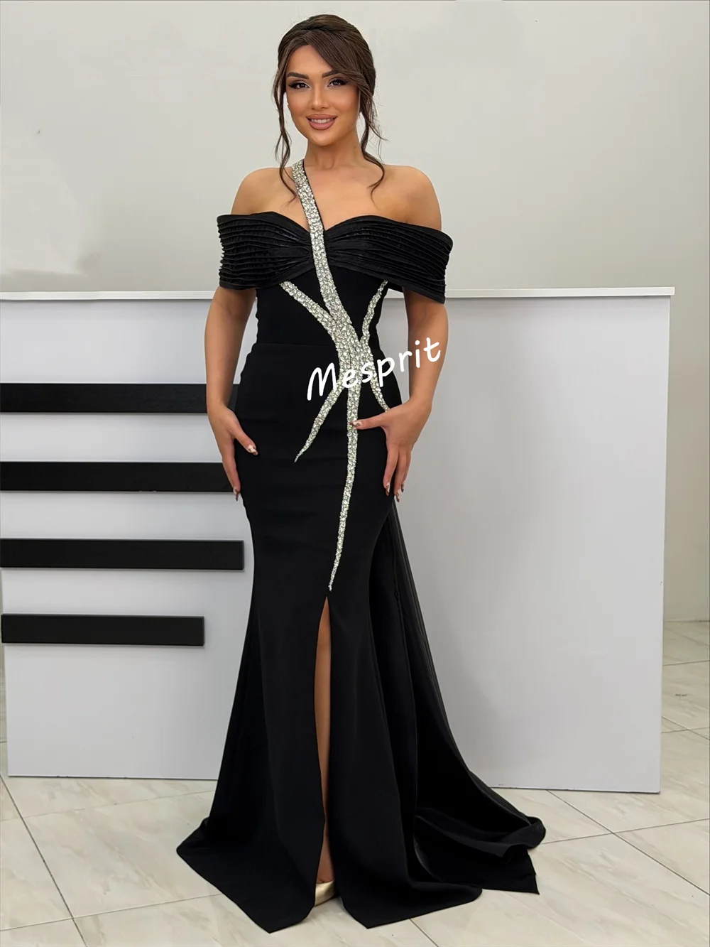 Customized Evening Dress Pleat Rhinestone Off-the-shoulder Black Mermaid Long Dresses Bespoke Occasion Prom Elegant Party Sexy