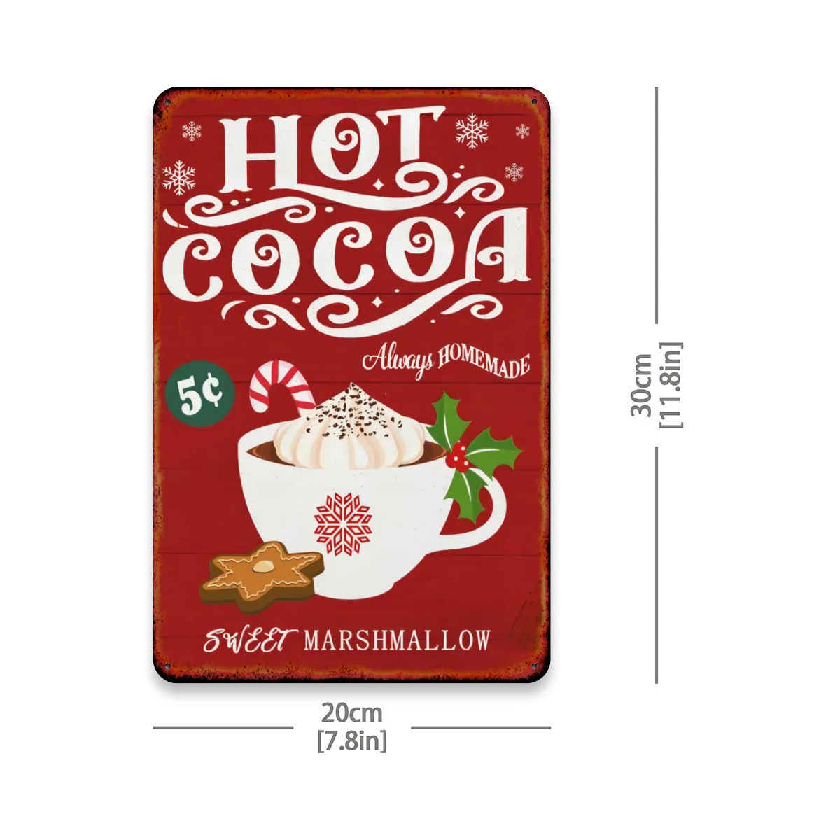 2D Flat, 1pc Vintage Christmas Hot Cocoa Metal Wall Art Sign - 20.32x30.48 cm Rustic Iron Holiday Decoration with Sweet Marshmal