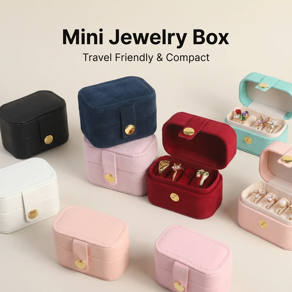 Mini PU Jewelry Box Portable Travel Ring Storage Case Small Metal Snap Closure Earring Pendant Organizer Box for Women Gift