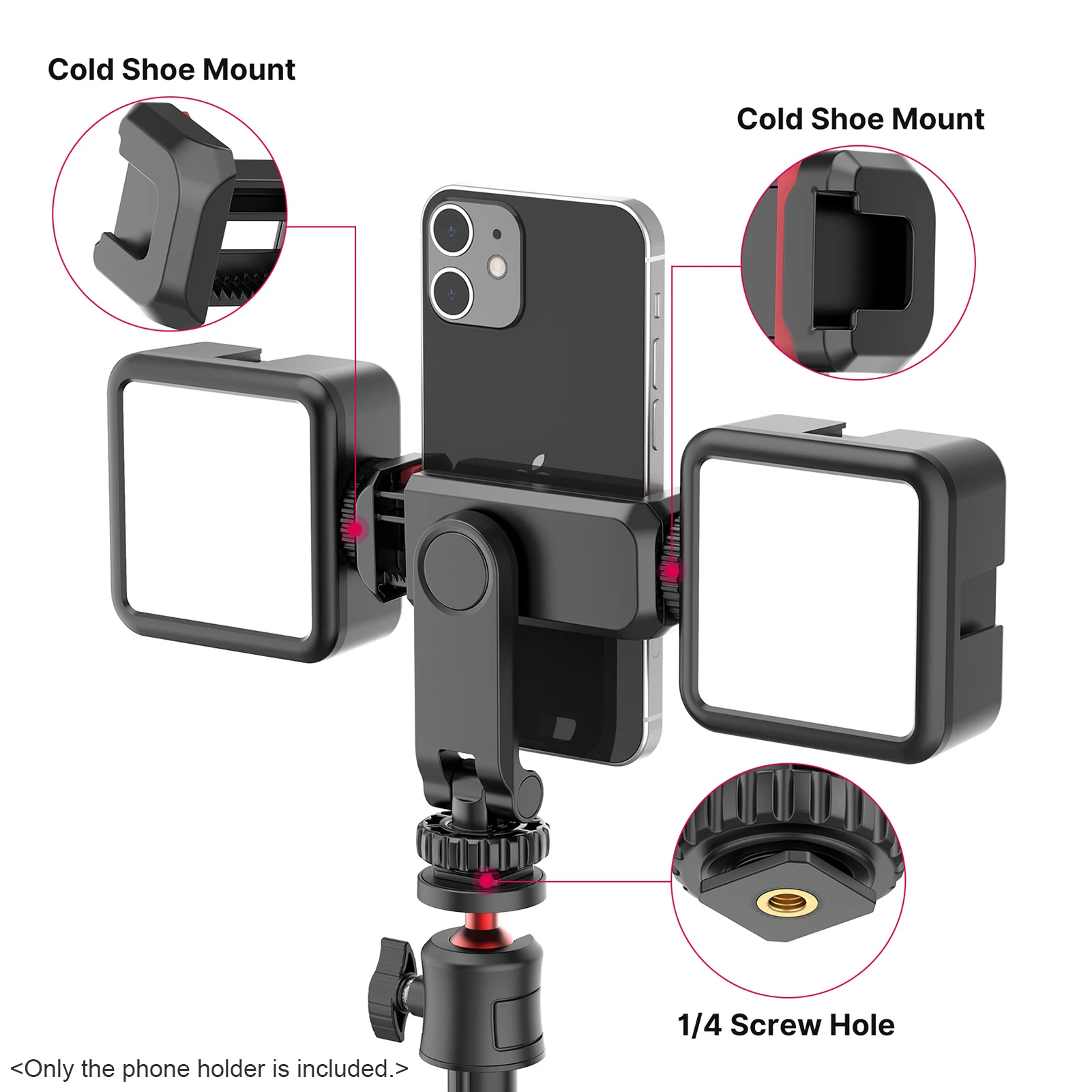 Multi-functional Phone Holder Clamp Phone Tripod Mount Rotatable with Dual Cold Shoe Mounts for Smartphone Vlog