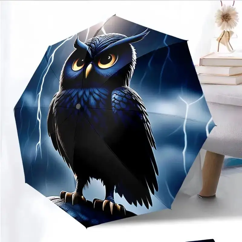

Automatic Open/Close Folding Umbrella with Owl & Lightning Design - Automatic 8-Rib Sturdy Frame, All-Season Portable Compact