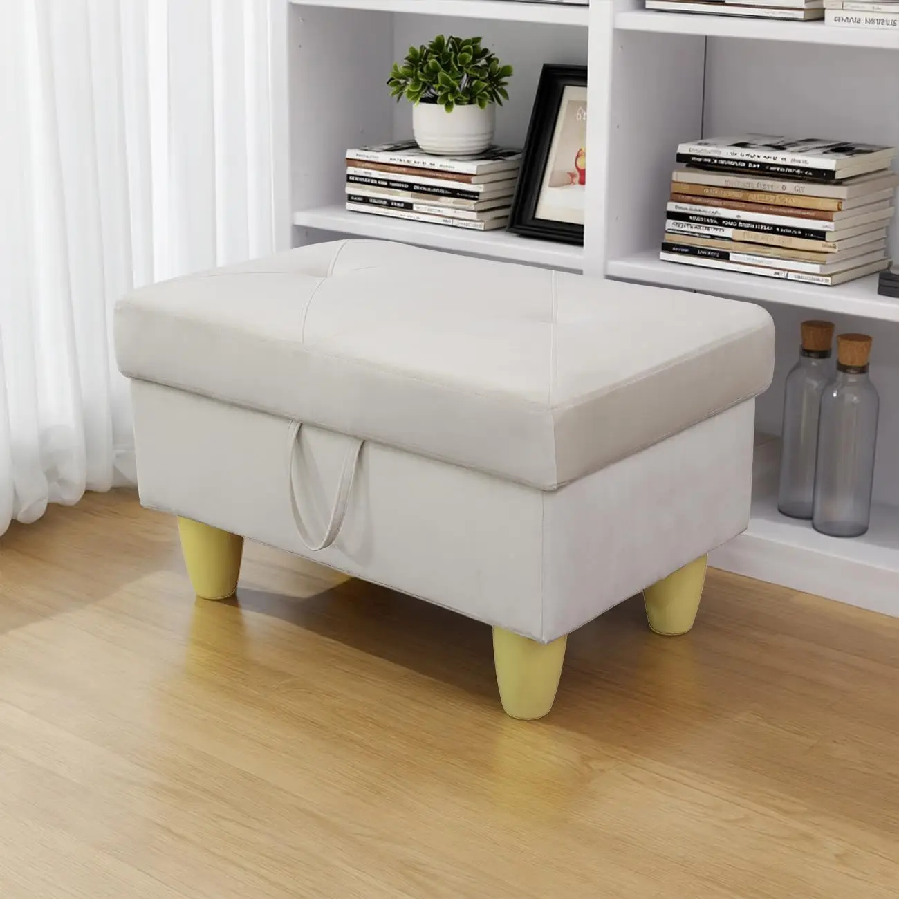 Large Square Storage Ottoman Bench, 28.5 Inch Footstool with Storage, Padded Foot Rest, Coffee Table, Thick Cushion, Cream Flannel for Living Room Bedroom Entryway Home Decor RV Car Loft