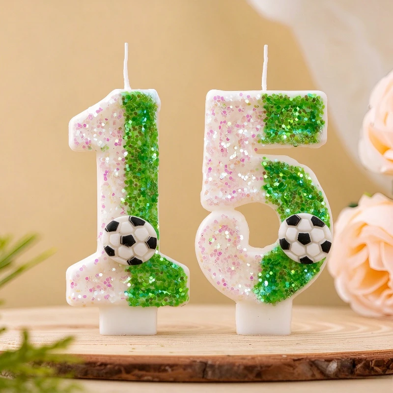 Football Decor Numeral Candle, Sparkly Green Sequin Number Cake Candle for Boys Birthday Party