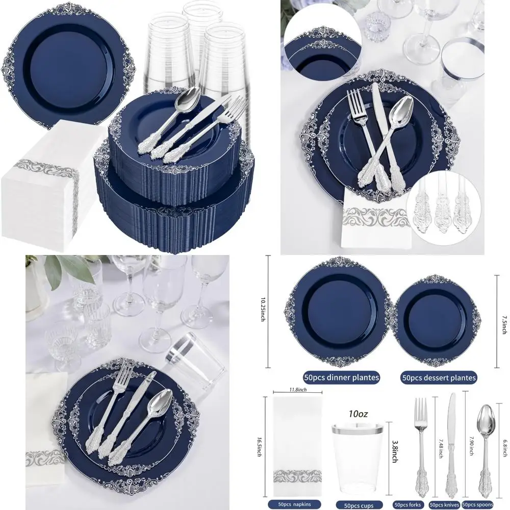 

Blue and Silver Plastic Plates Set - 350pcs Elegant Disposable Dinnerware for 50 Guests, Includes 10.25 Dinner Plates