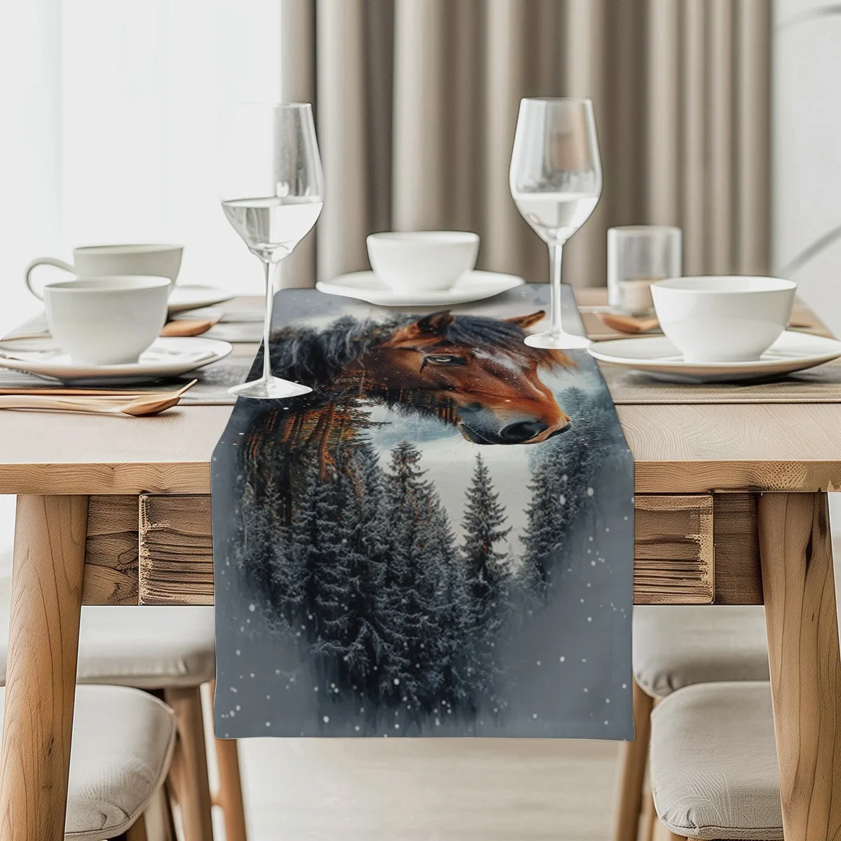 

Скатерть с принтом, зимняя лошадь, лес, мечтательный стиль, длинная ткань для свадьбы, элегантные аксессуары для домашнего декора, прочная ткань для дома