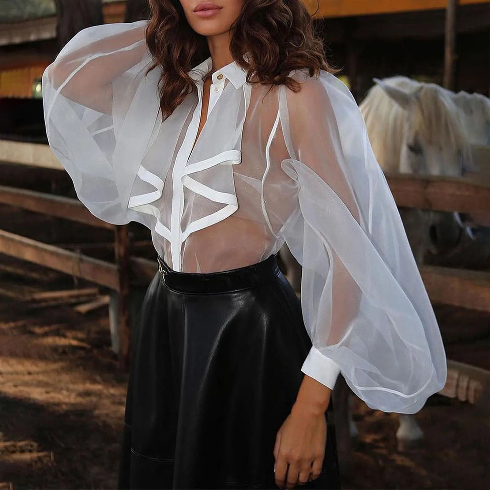 Women\'s Bubble Puff Sleeved See-through Blouse Fashion Sexy Translucent Organza Bodysuit Woman Summer Sheer Shirt Clothes