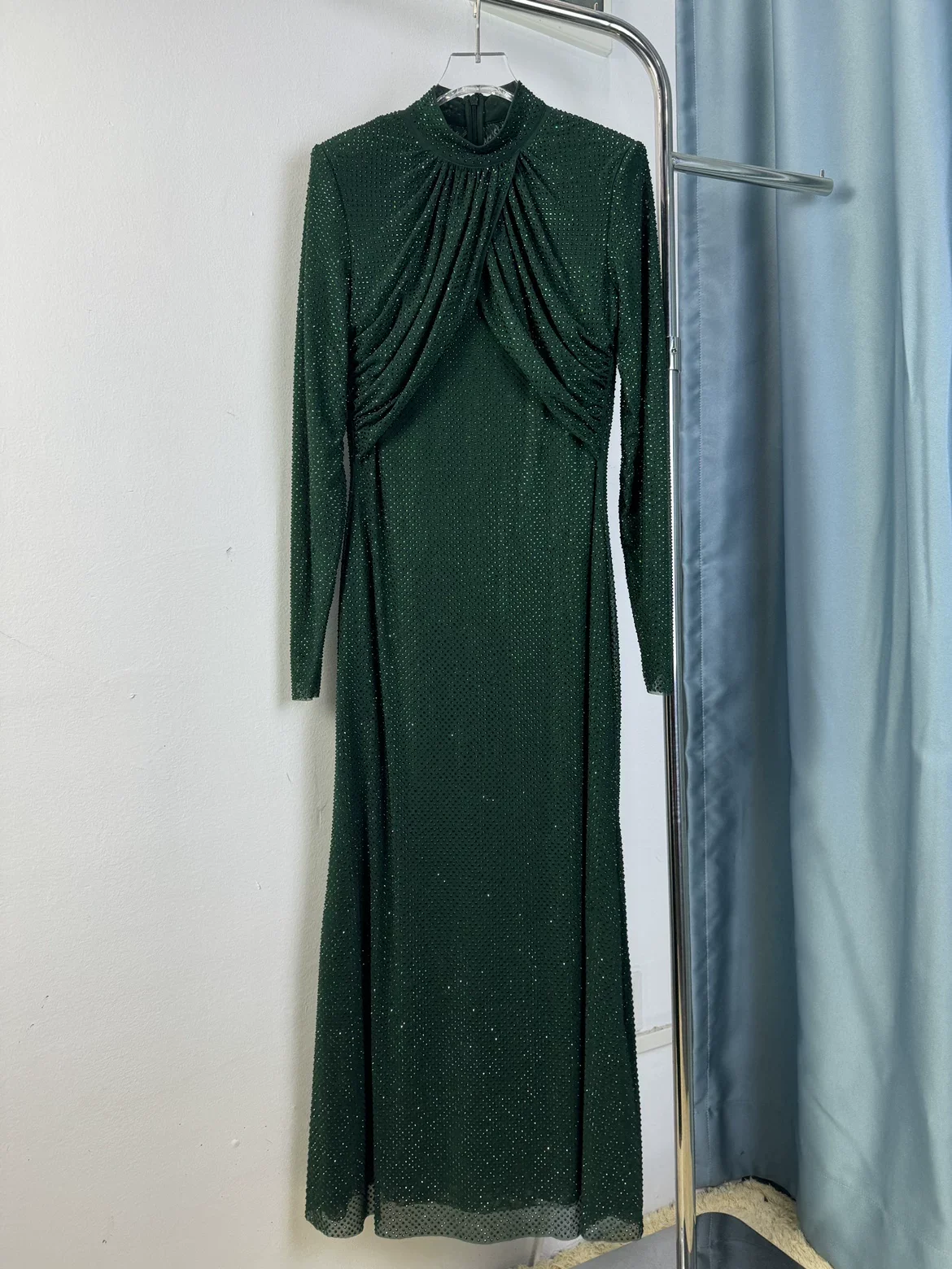 Green Rhinestone Ladies Long Dress Early Autumn Stand Collar Long Sleeve High Waist Female Slim Robe