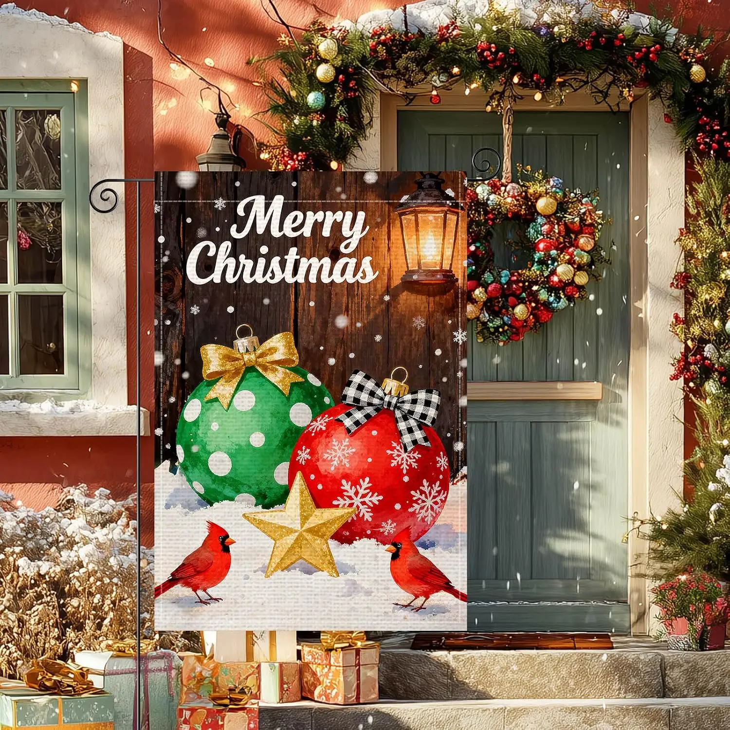 Christmas Ornament Red Green Bauble Garden Flag 12x18 Burlap