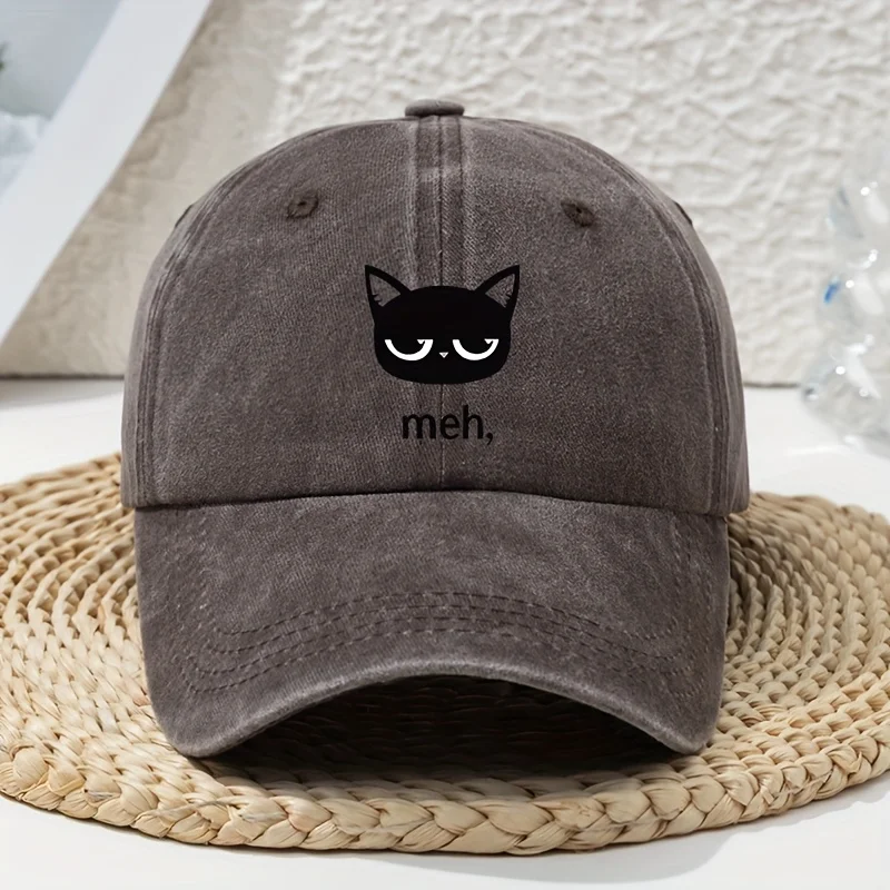 Cartoon black cat print vintage washed baseball cap, unisex dad cap, soft top washed duckbill cap, outdoor image 6