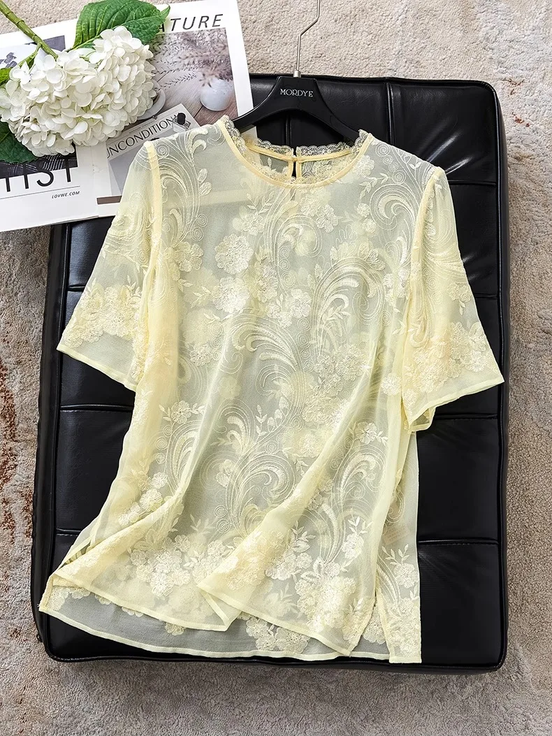 

Китайская шелковая футболка из жоржета с тяжелой вышивкой, короткий рукав, желтый топ, люксовый, высококачественный, прямого кроя, для повседневной носки, летний стиль