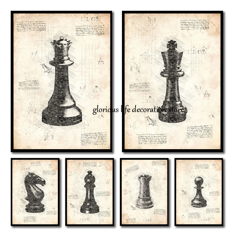 King Queen Knight Bishop Rook Pawn Chess Pieces Sketch Poster Chess Board Canvas Printing Wall Art Picture for Room Home Decor