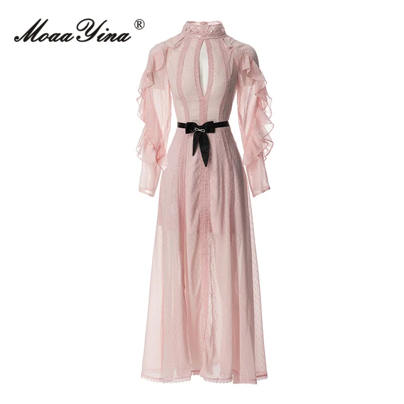 Imagem -06 - Moaayina-vestido de Chiffon Rosa Boêmio para Mulheres Oco Colarinho em pé Faixas Renda Patchwork Plissado Vestido Longo Moda Passarela Verão