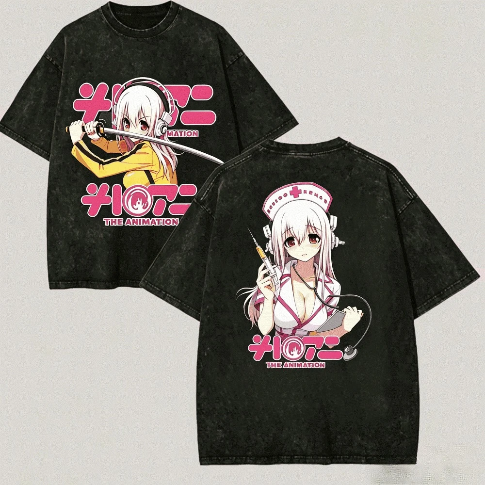 Super Sonico Anime Graphic T-shirt Vintage Washed Manga Merch Harajuku Unisex Oversized Crew Neck Cotton Short Sleeve Tee Tops