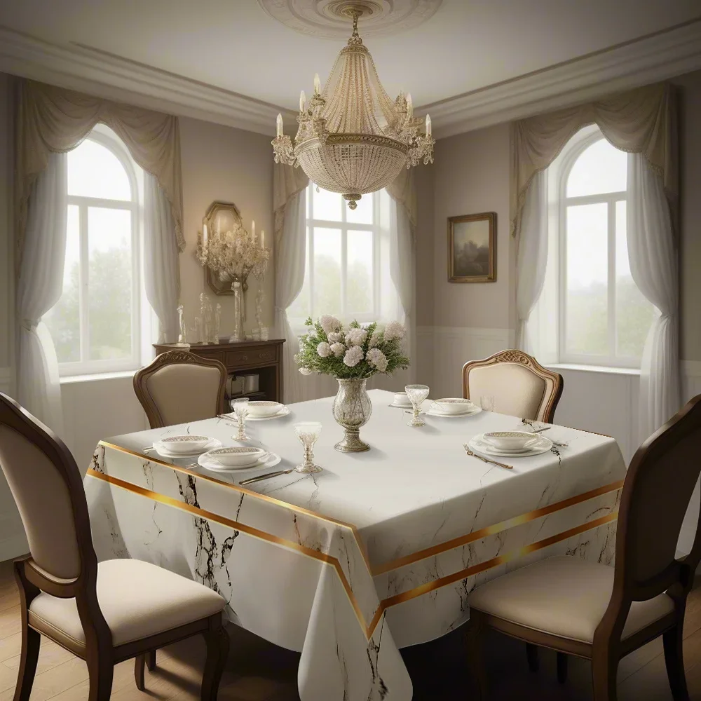 1PC, white background with gold border pattern, high-end creative printed square tableclothxzj