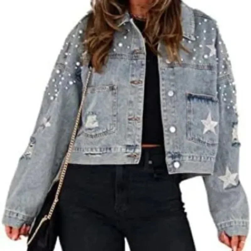 Print Women Denim Jacket Long Sleeve Coats Turn Down Collar Jackets Single Breasted Outerwear Cardigan Pockets Casual Loose
