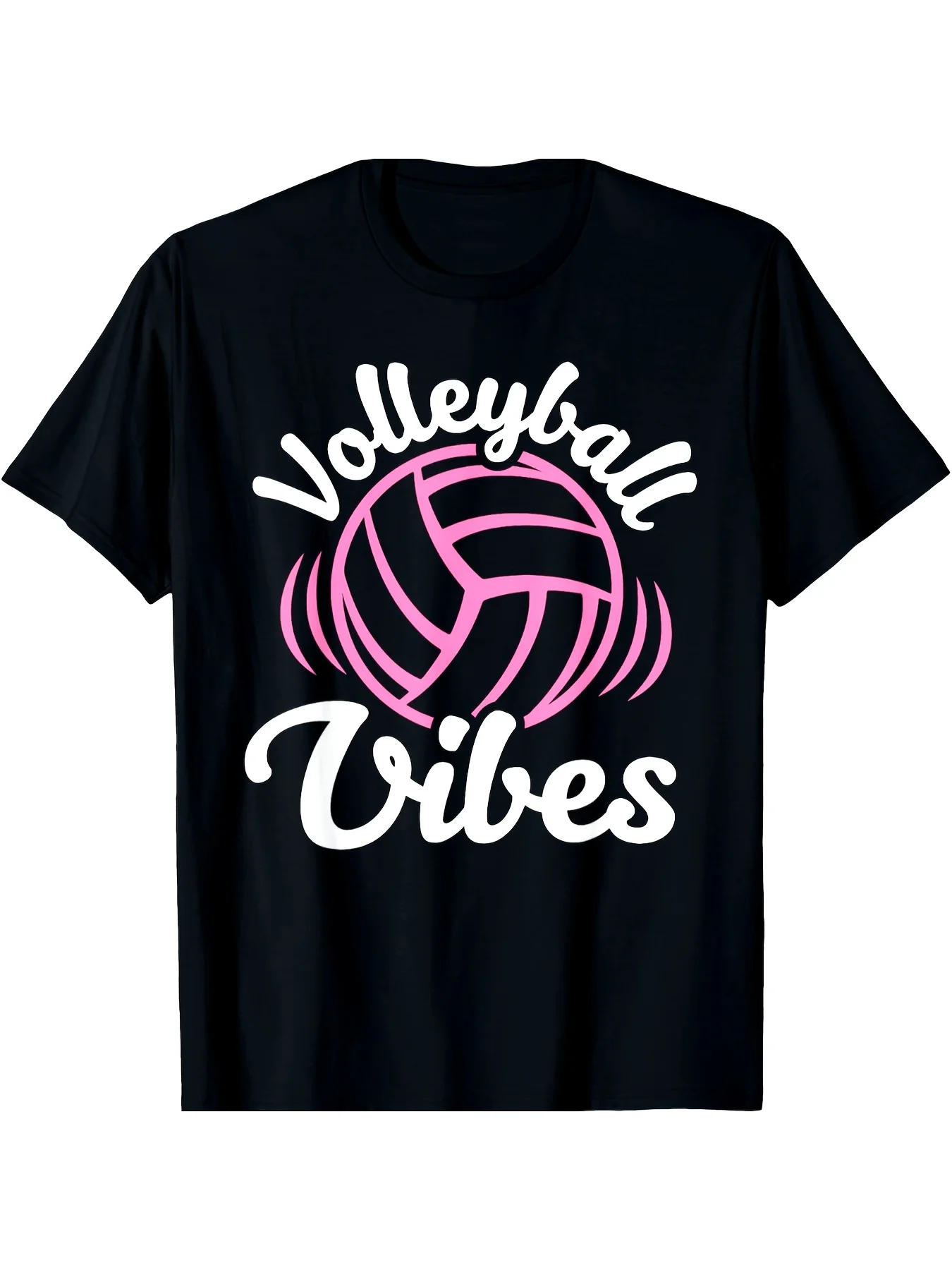 Men's Volleyball Vibes Graphic T-Shirt - Retro Streetwear Style Black with Pink & White Volleyball Design, Comfortable Cotton Round Neck Short Sleeve Casual Sports Tee for Girls, Teens, Men - All-Season Wear & Beach Volleyball Apparel