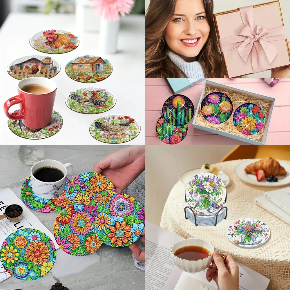 8 قطع/مجموعة من الوقايات المطلية بالألماس على شكل حيوانات وزهور، حصيرة مشروبات مقاومة للحرارة من حجر الراين المتلألئ مع #6