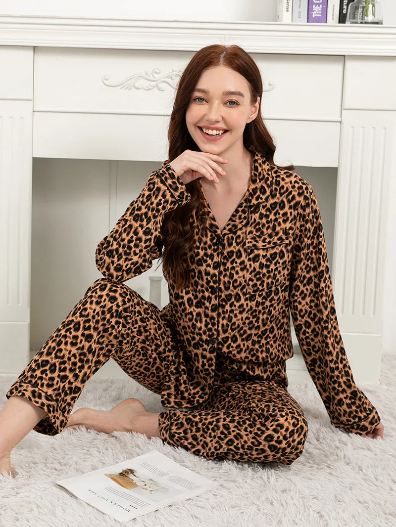 Plus Size S-3XL Leopard Print Viscose Pajama Sets for Women Long Sleepwear Loungewear INS Style Sleepwear Pijamas