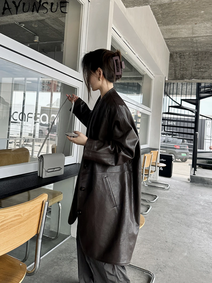 AYUNSUE Real Leather Jacket Women 2025 Genuine Sheepskin Mid-length Trench Coat Autumn Woman Clothes Semi Vegetable Tanning