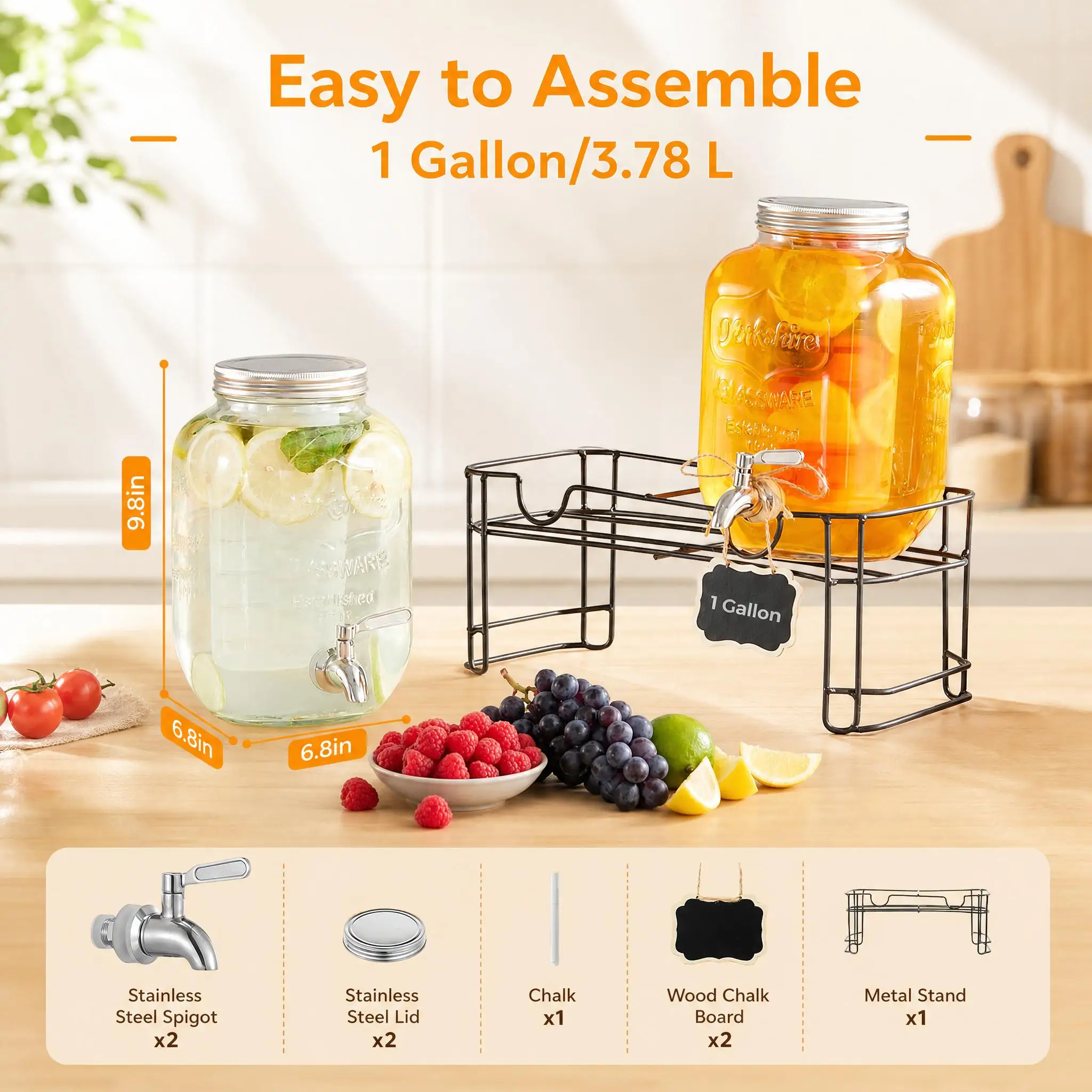 1 Gallon Glass Drink Dispenser 2-Pack, Beverage Dispenser with Stainless Steel Spigot, Stand and Ice Cylinder, Leakproof Juice Drink Container for Party BBQ Picnic