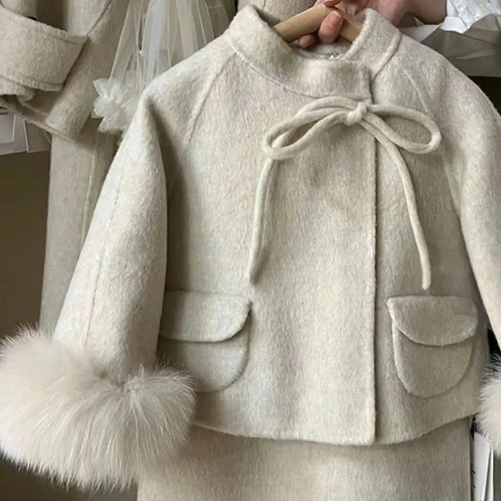 Elegant children clothing girl woolen jacket autumn and winter style girl western-style vest skirt fur edge woolen coat trend