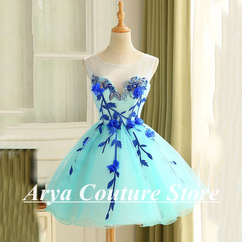 Mini robe de cocktail sans manches à col rond, personnalisée, avec perles et fleurs, à lacets, sexy, dos nu, robe de banquet pour femmes