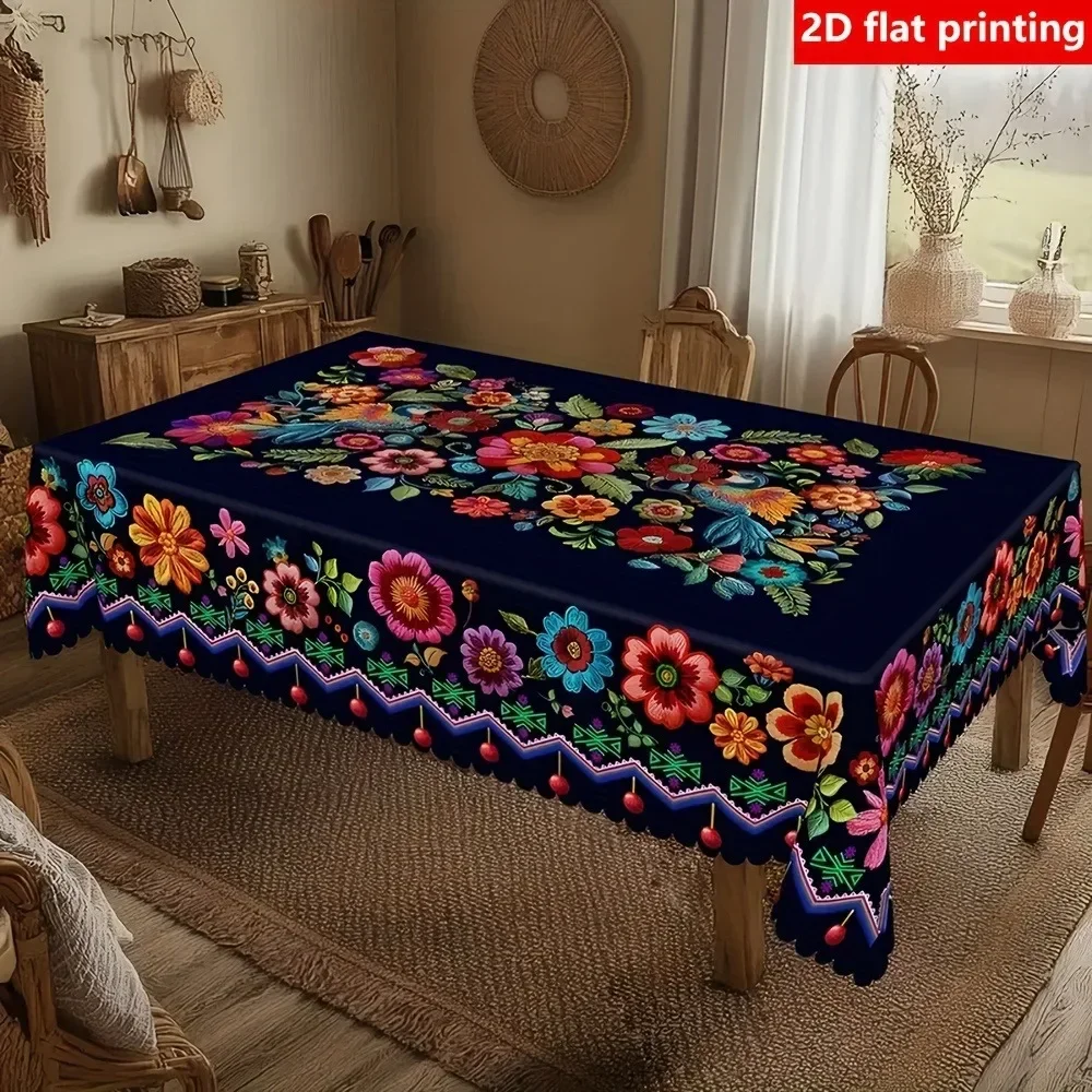 Tablecloth 1 piece. Features Mexican embroidery-style floral patterns. Has a folk art and passionate style.xzj