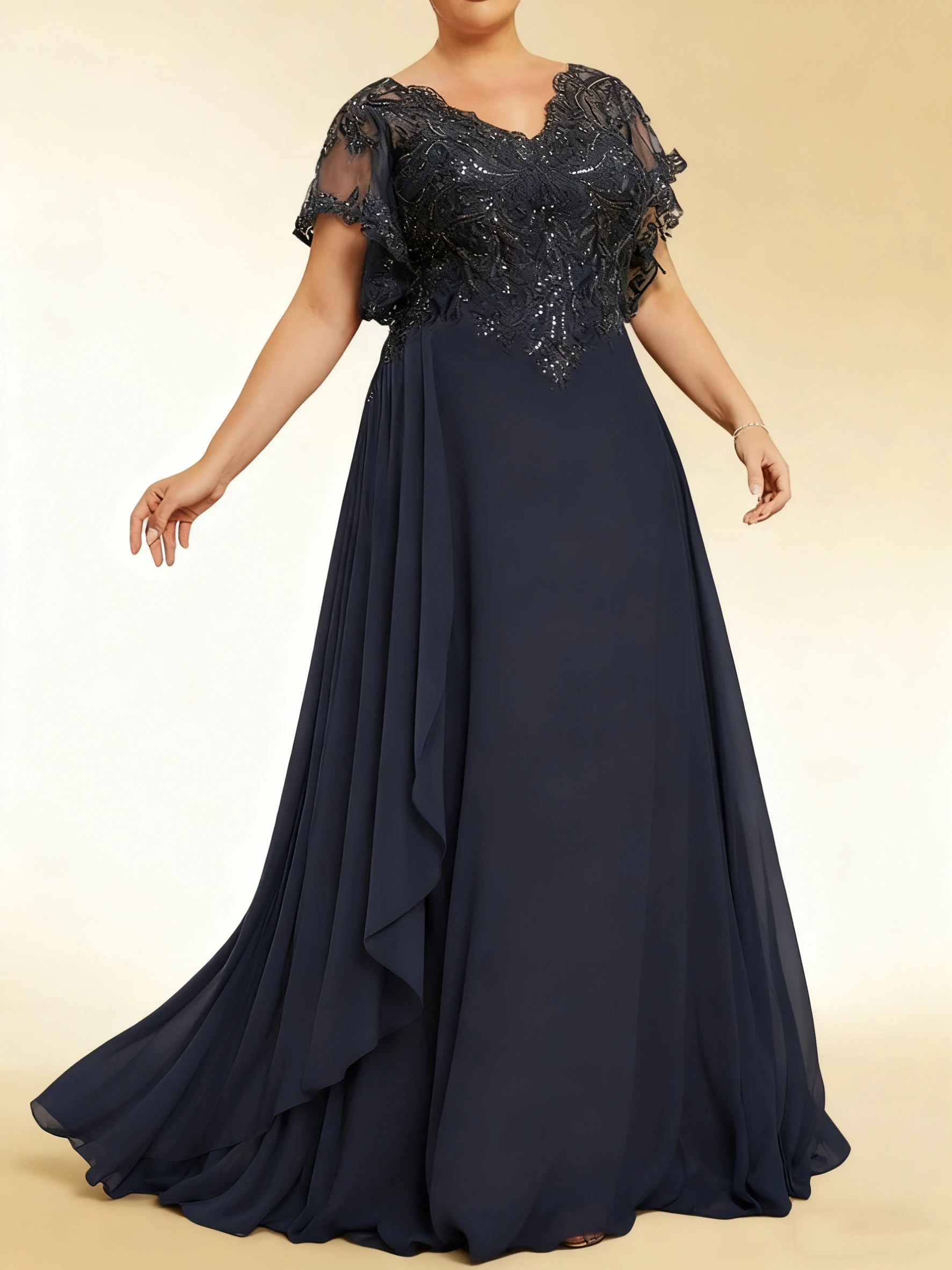 

Mother of The Bride Dresses Plus Size Evening Dress V Neck Lace Long Formal Gowns with Sleeves