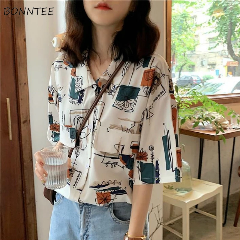 Shirts Women Korean Chic Print Breathable Summer Sun-proof Leisure Womens Clothing Turn-down Collar Vintage Popular Ladies Tops