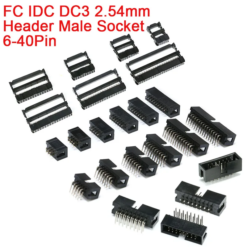 2.54mm Pitch Female IDC Socket Connector Ribbon Cable DC3 Header Male Socket FC 6/8/10/12/14/16/18/20/24/26/30/34/40/50/60/64Pin