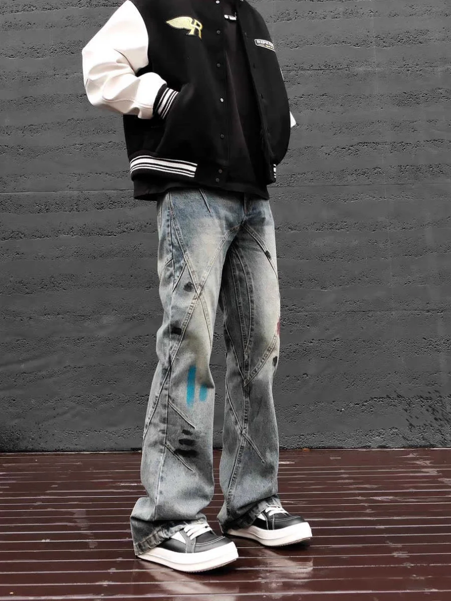 Rustic American Vintage Distressed Autumn Denim Jeans Men's Small Size Women's Long Pants Yellow Mud Dye Casual Loose Straigh...