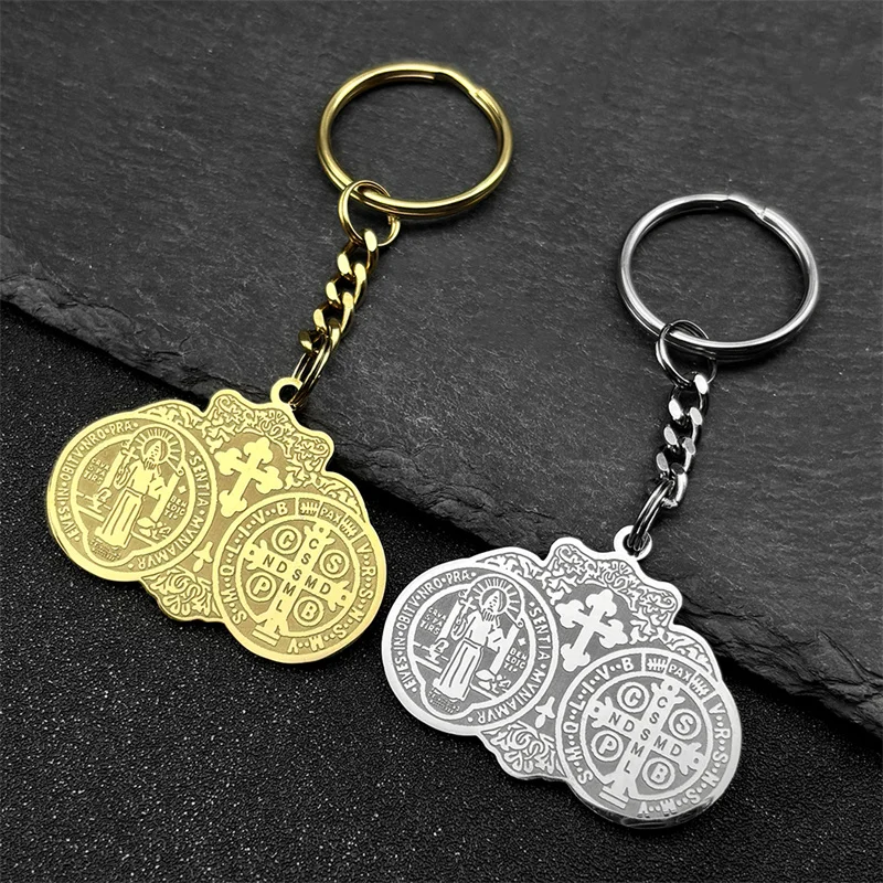 Catholic Saint Benedict Cross Medal Key Rings for Women Men Stainless Steel Gold Color Religious San Benito Key Chain Jewelry - Image 4