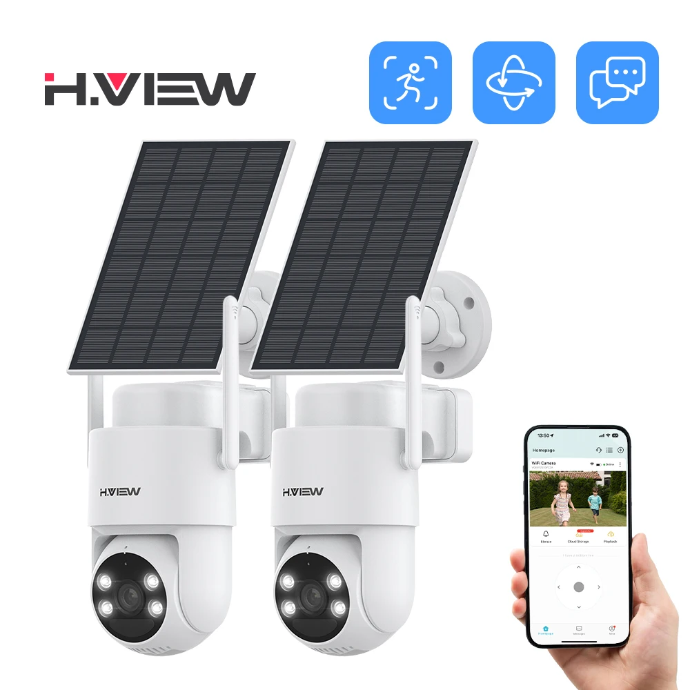 H.VIEW 2PCS PIR Battery Powered Camera Wireless Outdoor,2K 3MP PTZ WiFi Camera with Solar Panel, 2-Way Audio, Waterproof