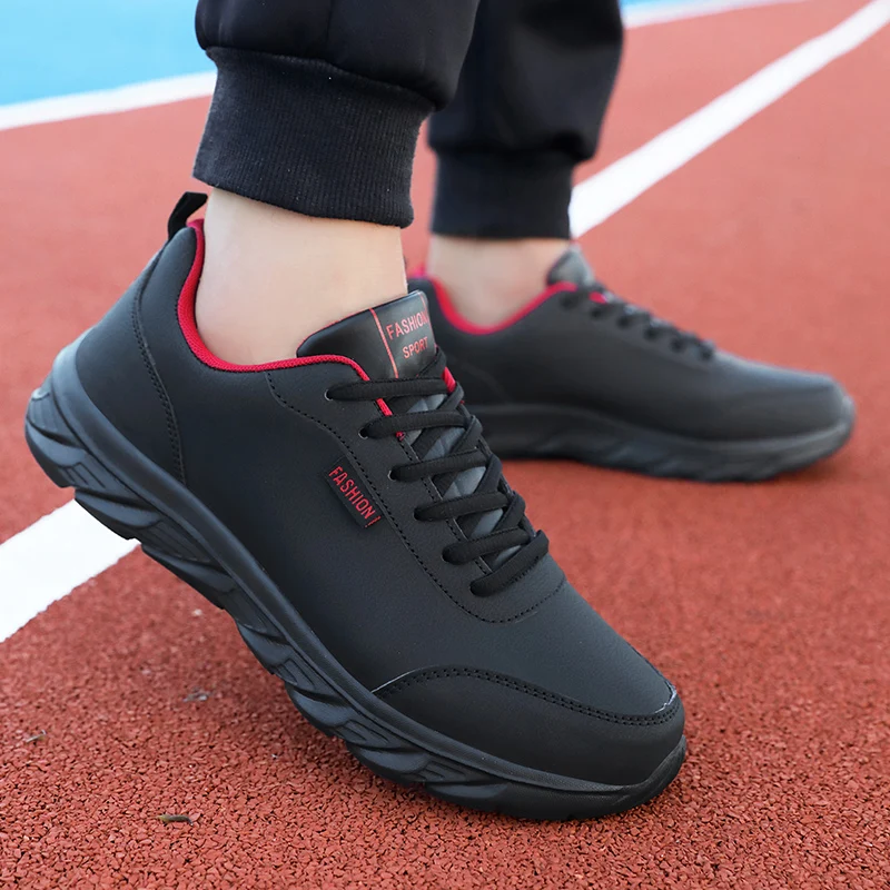 Preto tênis de corrida à prova dwaterproof água tênis de couro artificial sapatos esportivos ao ar livre dos homens leve caminhada tênis casuais para homem