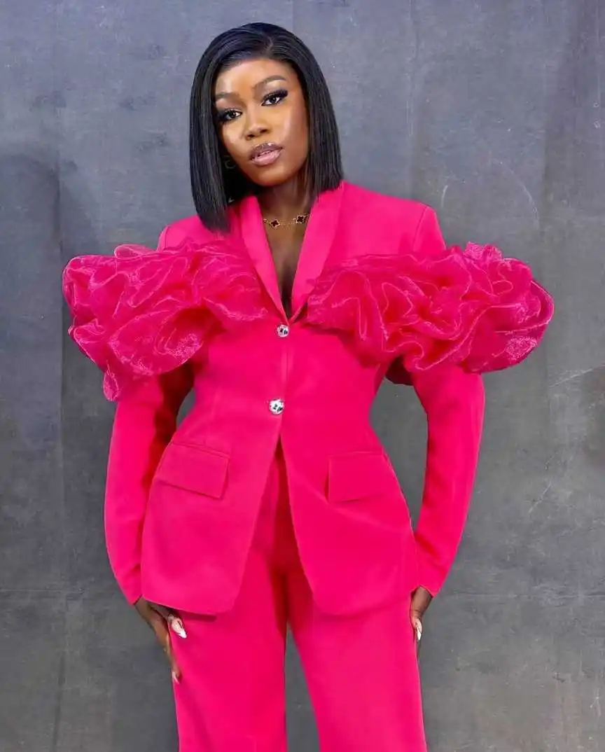 

Pink Women Suit Set 2 Piece Blazer+Pant Trousers Formal Office Lady Jacket With Stripe Cotton Wedding Bride Prom Coat Customized