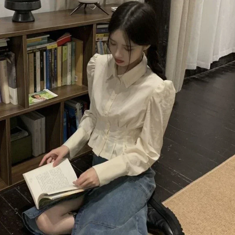 

Shirts Chic Vintage Puff Sleeve Cropped Tops Sweet Girls French Street Wear Autumn Fashion Defined Waist Shirt