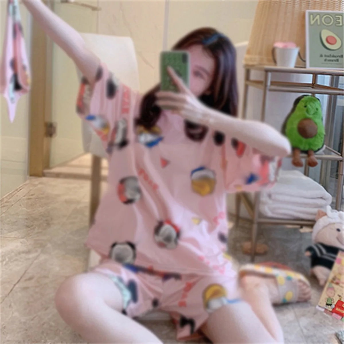 hibobi 2-Piece Women Summer Pajamas Loose Plus Size Sweet Student Short-Sleeved Shorts Can Be Worn Outside Home Clothes Set