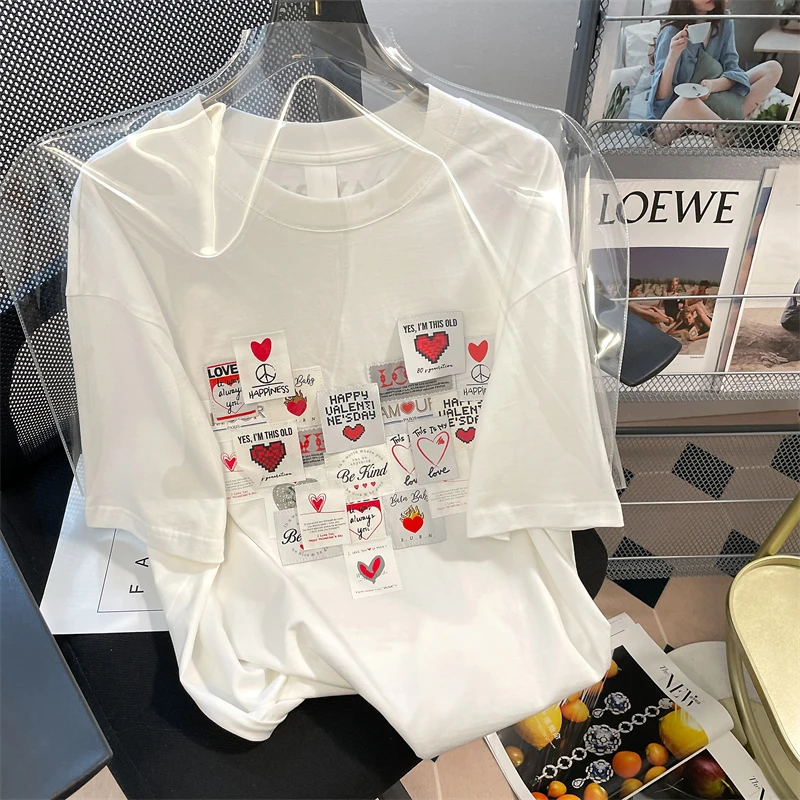 Street Fashion Heart Print T Shirt Women White Tshirt Street Rock Women Tops Hip Hop Tees