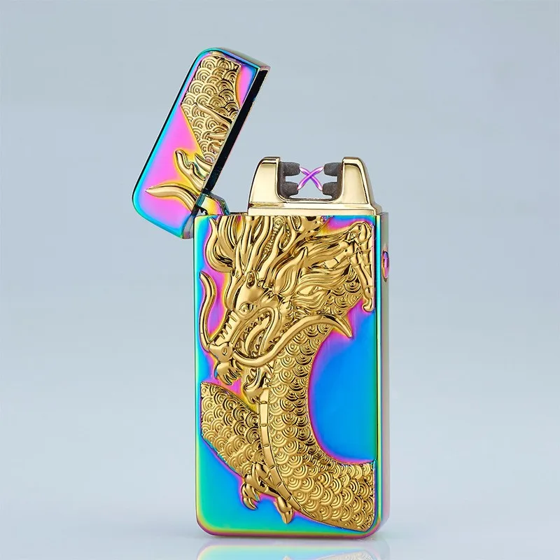 2023 New Dragon And Tiger Embossed Cross Arc USB Rechargeable Lighter Outdoor Windproof Portable Cigarette Accessorie Men\'s Gift