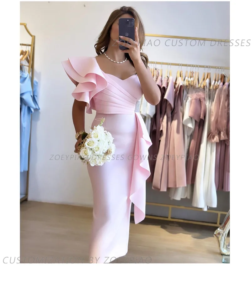 Summer Light Pink Short Prom Dresses One Shoulder Tiered Ruffles Fairy Satin Formal Casual Evening Gowns Night Party فساتين ح