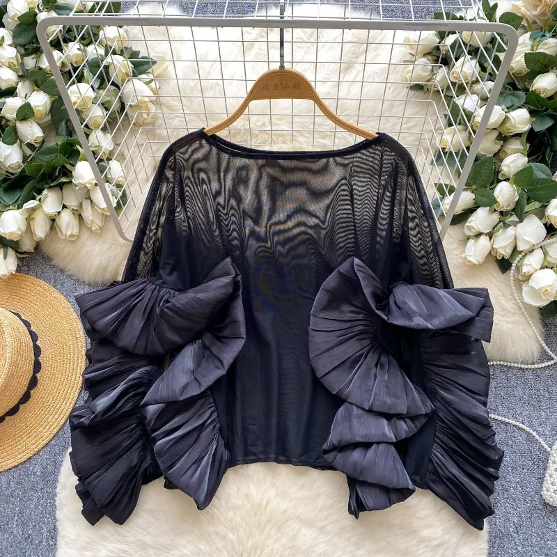 Women's Spring/Summer Top Shirt Ruffles Mesh Retro Simple Comfortable Loose Casual Design Fashion Advanced Soft Niche Versatile